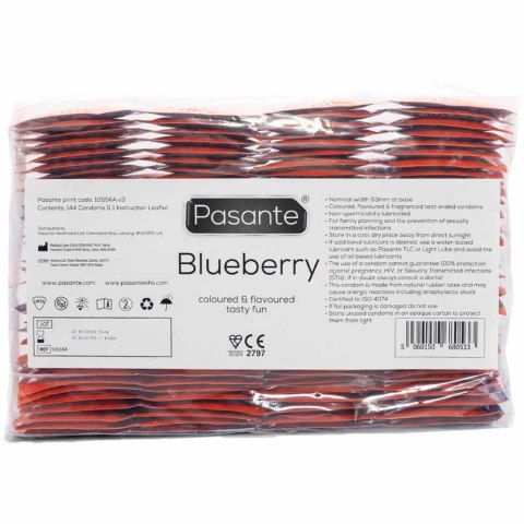 Pasante Blueberry Blast: Prezerwatywy o Smaku Soczystej Jagody – Zestaw 144 szt.