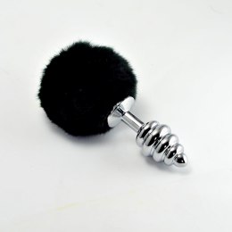 Spiralny metalowy plug analny z czarnym pomponem