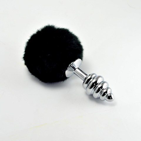 Spiralny metalowy plug analny z czarnym pomponem