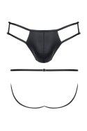 Zmysłowe męskie stringi jockstrap z efektem wetlook i otwartym tyłem, ozdobione srebrną klamrą, rozmiar S