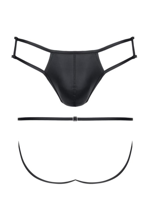 Zmysłowe męskie stringi jockstrap z efektem wetlook i otwartym tyłem, ozdobione srebrną klamrą, rozmiar S