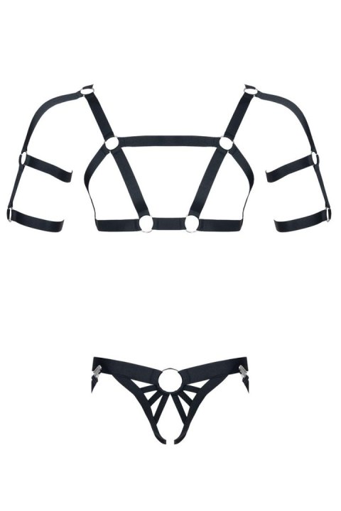 Zmysłowy męski komplet fetish z elastycznej gumy: top z hipnotyzującymi zdobieniami i stringi open back XXL/XXXL