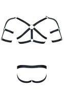 Zmysłowy męski komplet fetish z elastycznej gumy: top z hipnotyzującymi zdobieniami i stringi open back XXL/XXXL