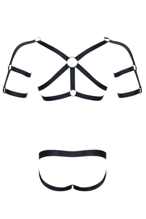 Zmysłowy męski komplet fetish z elastycznej gumy: top z hipnotyzującymi zdobieniami i stringi open back XXL/XXXL