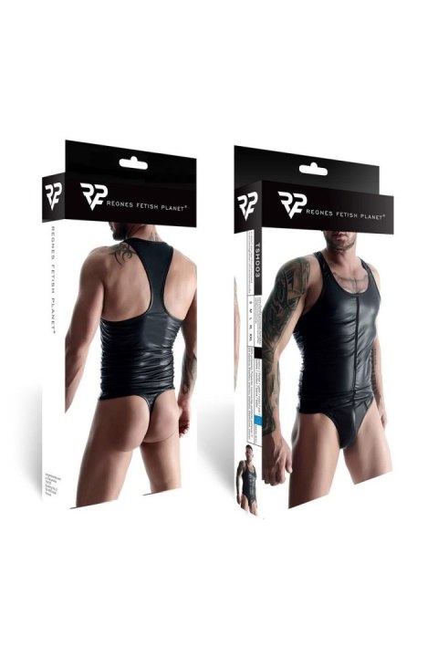 Męski top wet look bez rękawów z ozdobną elastyczną taśmą, rozmiar L