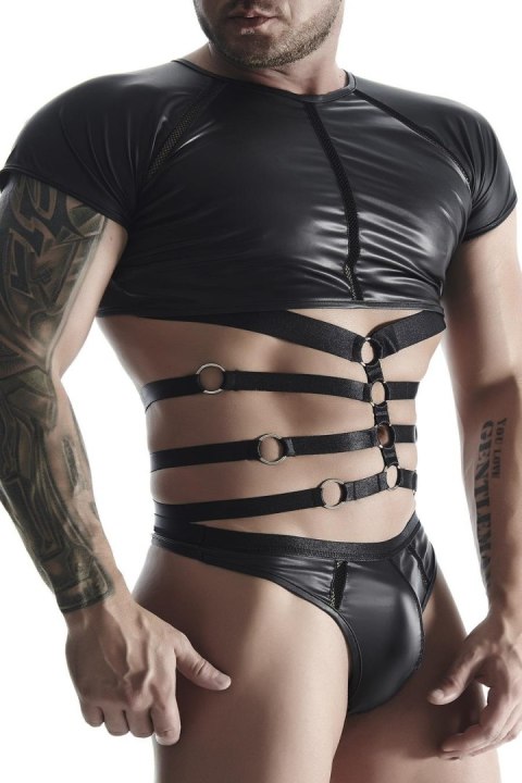 Męski T-shirt wetlook z ozdobnymi detalami z taśm i gumy, rozmiar XL