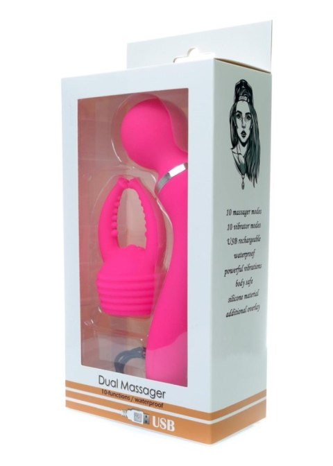Masażer o podwójnej stymulacji z nakładką, 10 funkcji wibracji, USB, różowy
