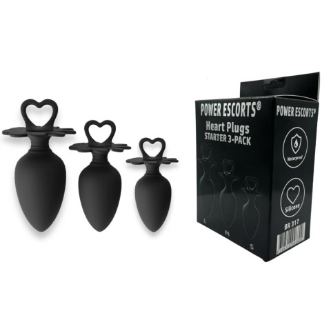 Zestaw Koreczków Analnych Power Escorts Heart Plug – S, M i L – Czarny – Z Medycznego Silikonu – W Eleganckim Pudełku