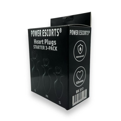 Zestaw Koreczków Analnych Power Escorts Heart Plug – S, M i L – Czarny – Z Medycznego Silikonu – W Eleganckim Pudełku