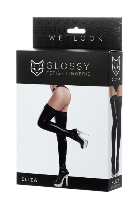 Eleganckie pończochy wetlook 'Eliza' z koronką – czarne XL