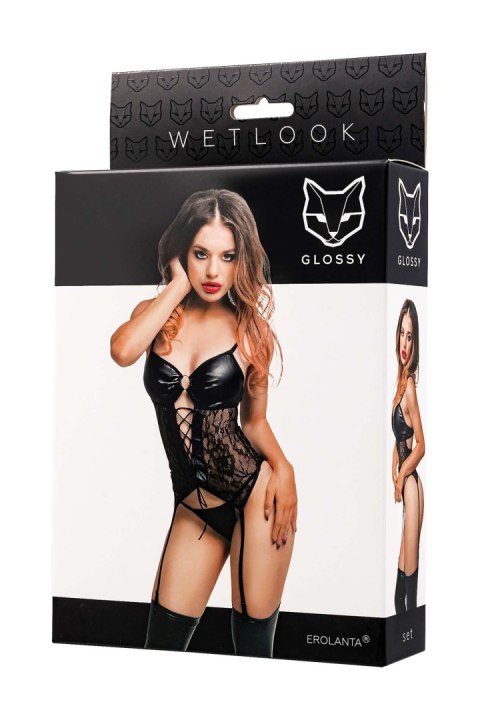 Zmysłowy Komplet Glossy Miriam Wetlook – Top i Majtki, Czarny, Rozmiar S