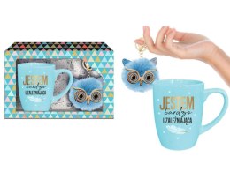 Zestaw: Pastelowy Kubek „Jestem bardzo uzależniająca” (300ml, niebieski) z Uroczym Brelokiem Sówką