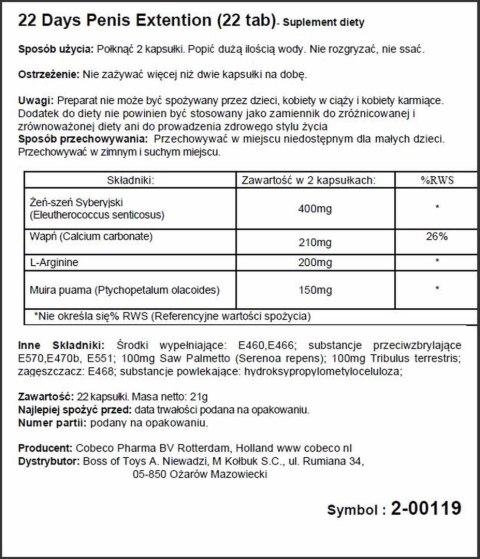 Supl.diety-22 Days Penis Extention (22 tab) Cobeco Pharma Wholesale BV