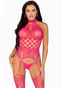 Różowe Koronkowe Bodystocking z Wysokim Dekoltem