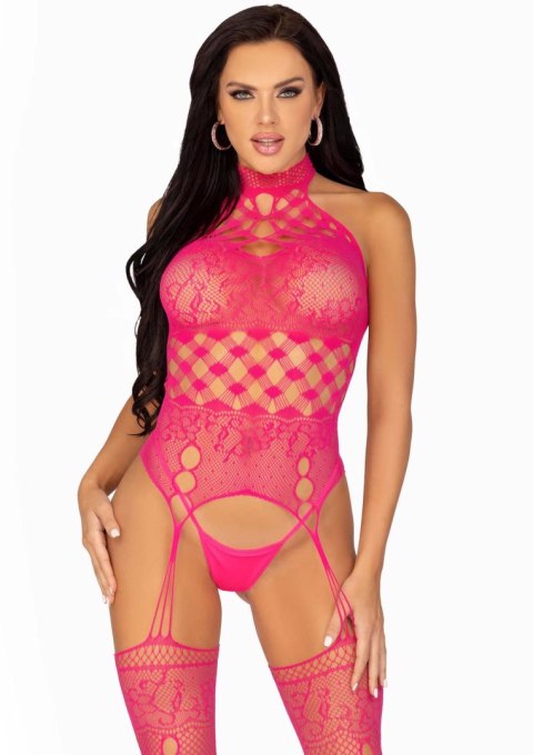 Różowe Koronkowe Bodystocking z Wysokim Dekoltem