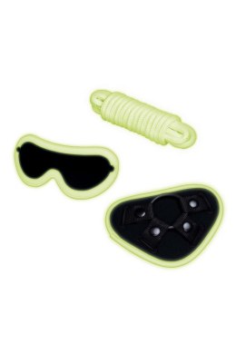 WHIPSMART 4-częściowy Zestaw Strap-On Świecący w Ciemności z Opaską na Ooczy i Jedwabnym Sznurem