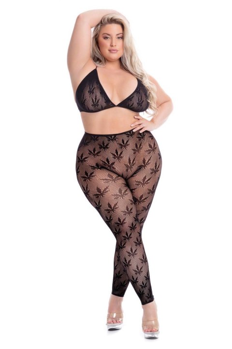 Zmysłowy Komplet Biustonosz i Legginsy 'Liściasta Tajemnica', Czarny, Plus Size