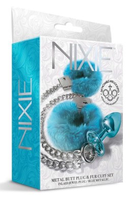 Zestaw Nixie: Metalowy Korek Analny z Błękitnym Klejnotem i Futrzane Kajdanki, Rozmiar M