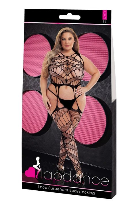 Lapdance – Koronkowy Bodystocking z Podwiązkami, Czarny (Queen Size)