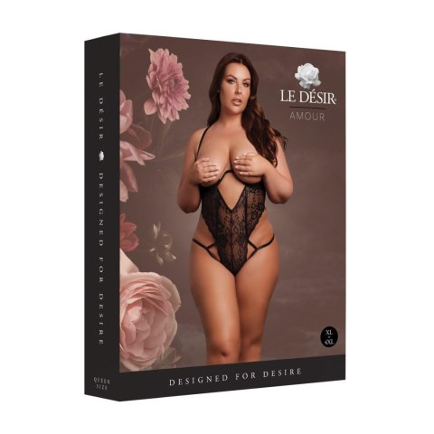 Zmysłowy czarny koronkowy body z otwartymi miseczkami i regulowanymi ramiączkami – rozmiary plus size