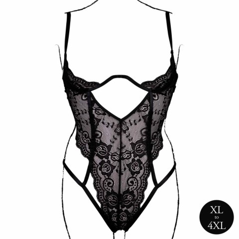 Zmysłowy czarny koronkowy body z otwartymi miseczkami i regulowanymi ramiączkami – rozmiary plus size