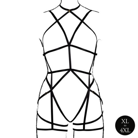 Czarna Uprząż Body z Otwartymi Miseczkami i Pasem do Pończoch – Plus Size