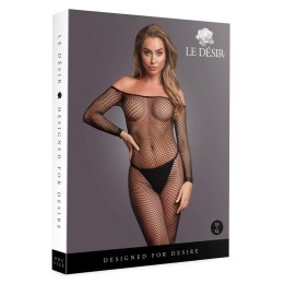 Bodystocking z dekoltem hiszpanka, siateczkową strukturą i otwartym krokiem