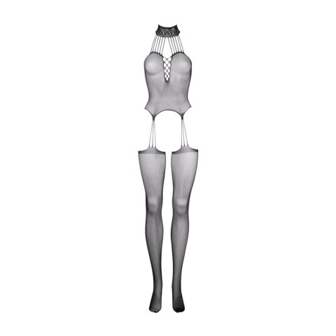 Zmysłowy siateczkowy bodystocking z chokerem i podwiązkami - uniwersalny rozmiar