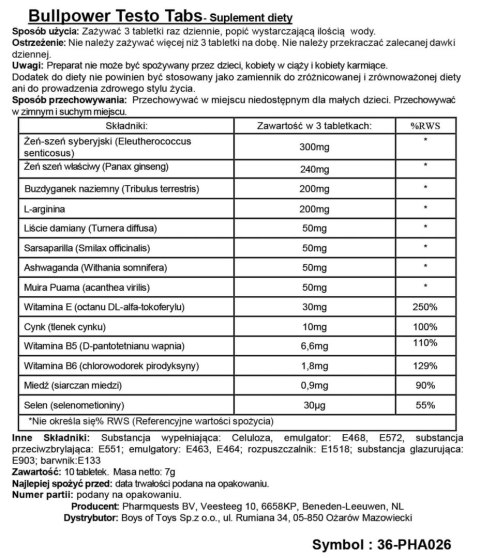 Bull Power Testo Tabs - Stymulujące tabletki dla mężczyzn