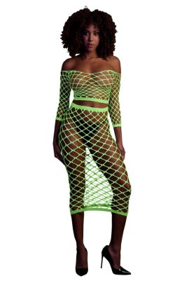 Neonowy Komplet UV: Crop Top z Długim Rękawem i Długa Spódnica - Zielony