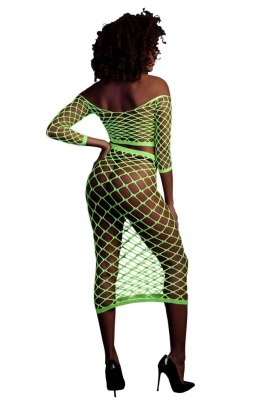 Neonowy Komplet UV: Crop Top z Długim Rękawem i Długa Spódnica - Zielony