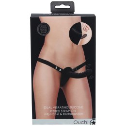 Ouch! – Podwójnie Wibrujący Strap-On z Prążkowanego Silikonu – 10 Trybów, Akumulatorowy, Czarny
