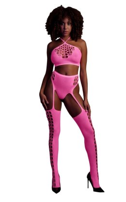 Zmysłowy Komplet: Neonowy Crop Top i Pończochy - Różowy - XS/XL