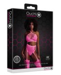 Zmysłowy Komplet: Neonowy Crop Top i Pończochy - Różowy - XS/XL