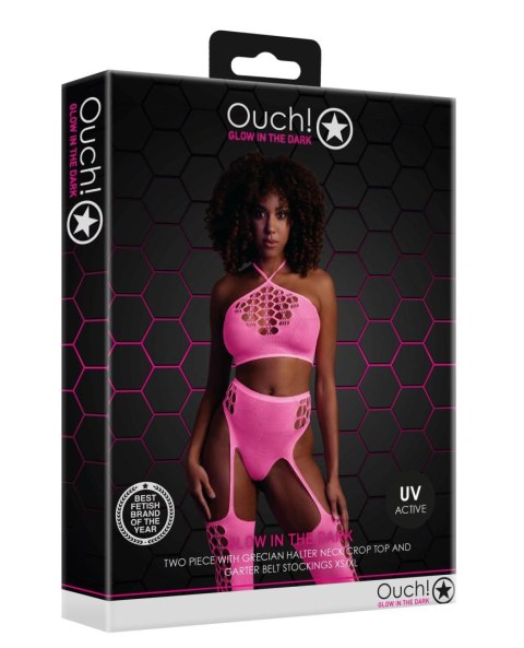 Zmysłowy Komplet: Neonowy Crop Top i Pończochy - Różowy - XS/XL