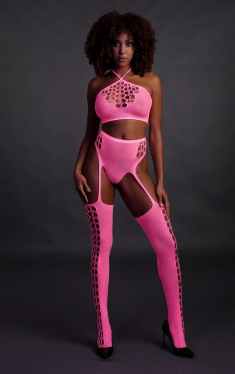 Zmysłowy Komplet: Neonowy Crop Top i Pończochy - Różowy - XS/XL