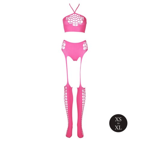 Zmysłowy Komplet: Neonowy Crop Top i Pończochy - Różowy - XS/XL