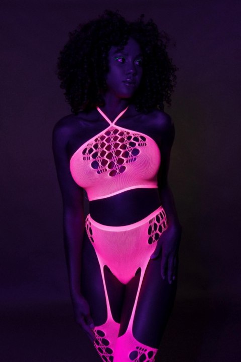 Zmysłowy Komplet: Neonowy Crop Top i Pończochy - Różowy - XS/XL