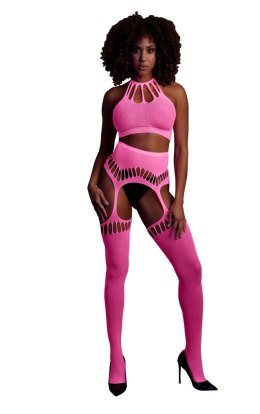 Zmysłowy neonowy komplet: crop top i pończochy – różowy (XS/XL)