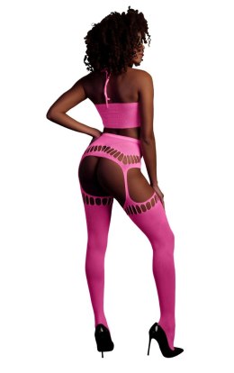 Zmysłowy neonowy komplet: crop top i pończochy – różowy (XS/XL)
