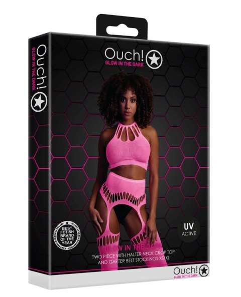 Zmysłowy neonowy komplet: crop top i pończochy – różowy (XS/XL)