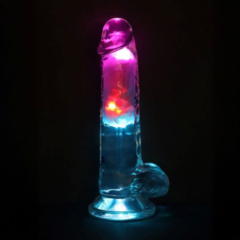 Wibrujące, realistyczne dildo LED z jądrami – 18 cm, Przejrzyste