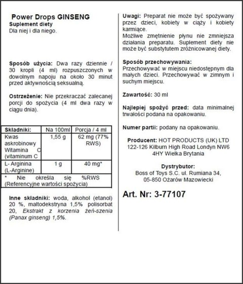 Wzmacniające Krople Mocy z Żeńszeniem dla Mężczyzn 30ml