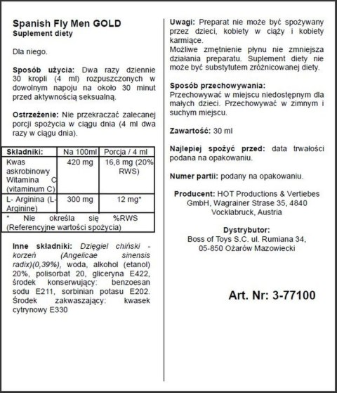 Spain Fly Men Gold Strong: Suplement Diety dla Mężczyzn, 30 ml