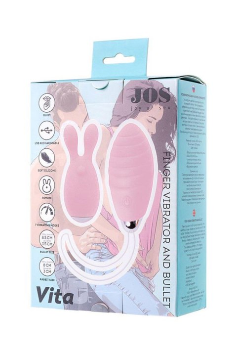 JOS VITA: Wibrujące jajeczko na palec i nakładka wibracyjna, silikon, pudrowy róż, 8.5 i 8 cm