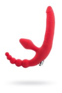 Czarno-czerwony, bezpaskowy strap-on z wibrującą kulką, odporny na wilgoć, silikonowy, 35 cm