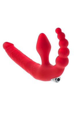 Czarno-czerwony, bezpaskowy strap-on z wibrującą kulką, odporny na wilgoć, silikonowy, 35 cm