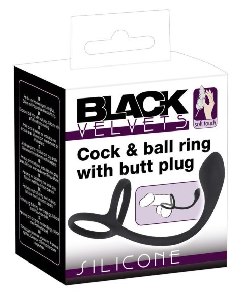 Pierścień na penisa i jądra z korkiem analnym Black Velvets