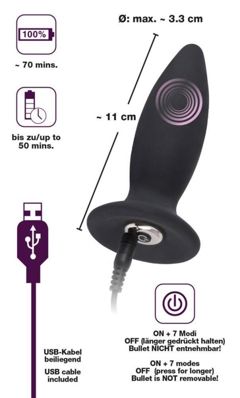 Aksamitny Wibrujący Korek Analny Black Velvets Recharge Plug S