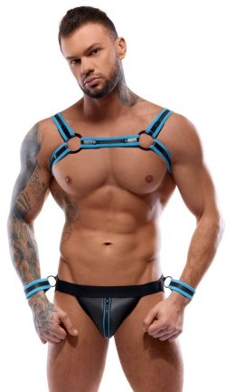 Męski Zestaw Bondage: Jockstrap, Uprząż i Kajdanki – czerń z błękitem, rozmiar L
